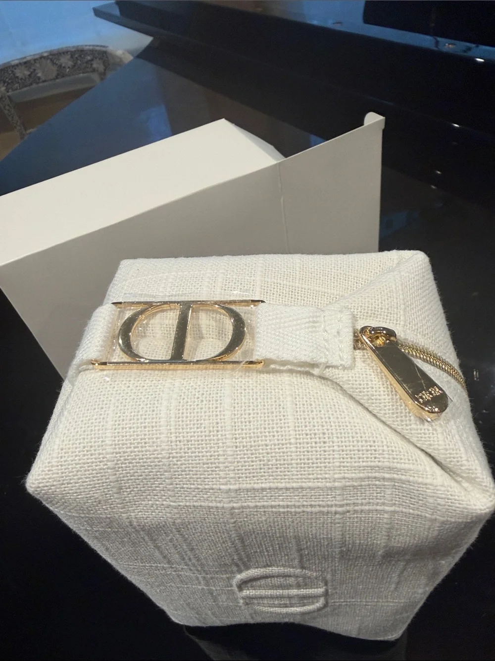 Dior White Textured Canvas Toiletry Pouch with CD Emboss